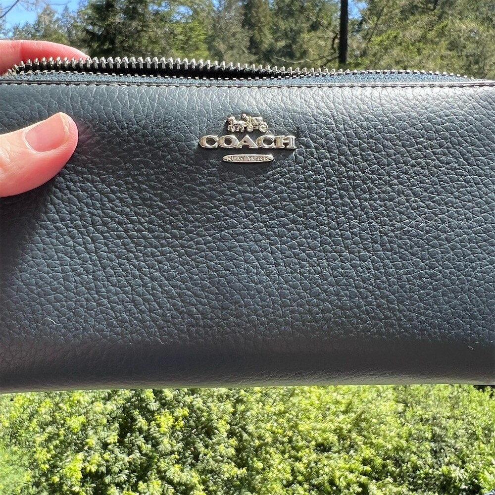 COACH Long Zip-Around Wallet Navy Blue Pebble Leather Silver Hardware AUTHENTIC - Picture 7 of 11
